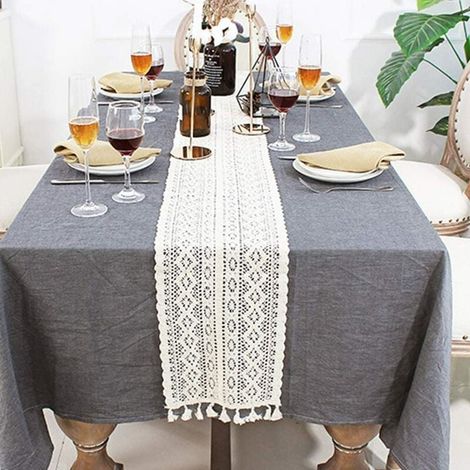 Camino de mesa de macramé, camino de mesa de mezcla de algodón con encaje floral hueco con borlas para decoración de mesa de boda, funda de cama para fiesta nupcial (tamaño: 24 x 140 cm) (1/4)
