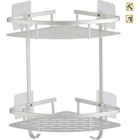Fixer sans perçage Étagère de douche Étagère d'angle Étagère de salle de bain, 2 niveaux en acier inoxydable en Métal d'aluminium Salle de bain Plateau de douche Shampooing Panier de douche