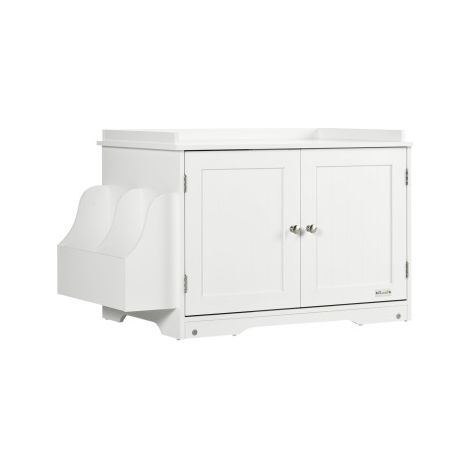 Meuble à chat/bac à litière avec séparateur ajustable et portes magnétiques, blanc, 86 x 48 x 52 cm, pour un intérieur élégant.