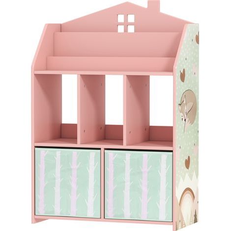 Spielzeugregal für Kinder aus FSC-zertifiziertem Holz, mit 2 herausnehmbaren Stoffboxen und Regalböden, fürs Schlafzimmer, rosa