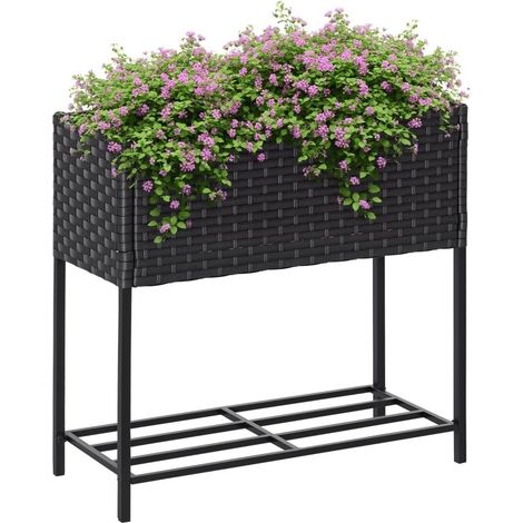Jardinière Surélevée en Polyrattan et Métal Brun Foncé - Potager avec Étagère Basse, 70x30x70 cm