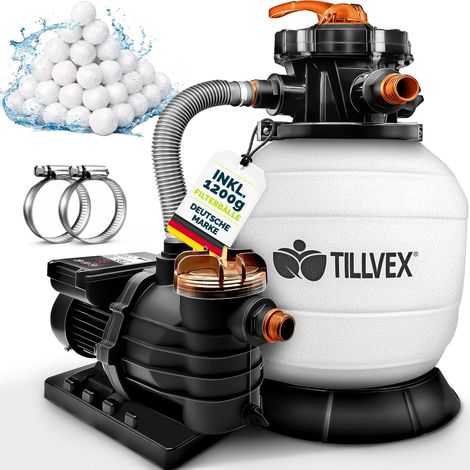 tillvex® Sandfilteranlage Pool mit Timer Weiß/Orange 13.200L/h bis 40.000L + 1200g Filterbälle  Filteranlage 7-Wege Ventil & 2in1 Adapter Ø32-38mm  Poolfilter Selbstansaugend  Sandfilter Schwimmbecken