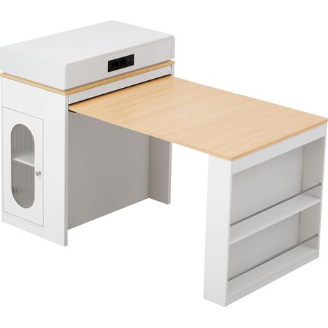 CAIziÎlot de cuisine sur roulettes, table à manger extensible avec plateau rabattable, table de bar avec blocs multiprises et crochets, sert d’îlot de cuisine, de buffet ou de table de bar pour la cui (1/5)