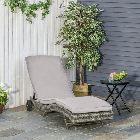 Chaise longue de jardin en rotin PE avec dossier réglable et coussin. 207 x 70 x 70 cm. Gris.