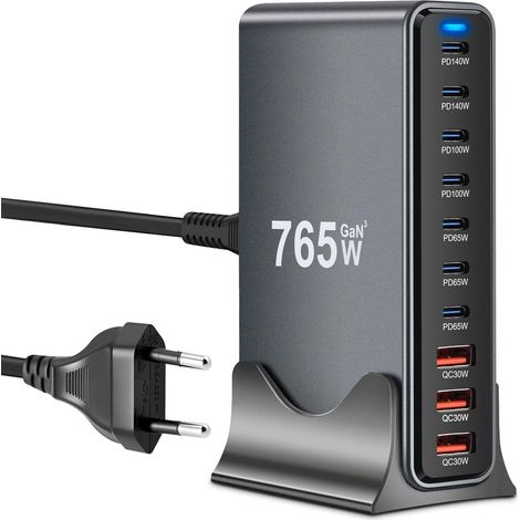 GaN III Chargeur USB C 765 W avec 10 ports, chargeur rapide USB GaN III avec 7 ports USB-C et 3 ports USB-A, PD140W, 100W, 65W, 30W Power Station de charge USBC pour MacBook Pro/Air, iPhone, iPad (1/5)