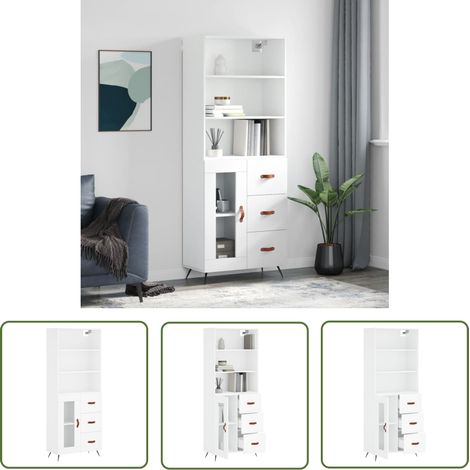 The Living Store Highboard Weiß 69,5x34x180 cm Holzwerkstoff - Sideboard - Hochschrank - Wohnraumgestaltung - Aufbewahrungslösung - Weißer Schrank (1/5)