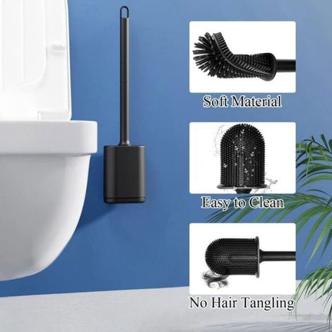 Brosse WC - Tete En Silicone TPR - Manche Antiderapant - Support Mural Autocollant Ou Au Sol - 1 Piece (1/5)