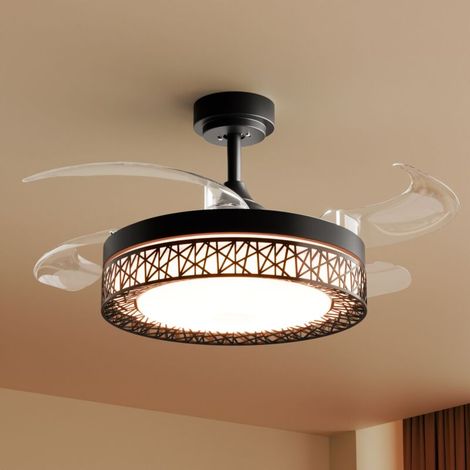 Ventilatore da soffitto silenzioso con illuminazione integrata – 4 pale – 6 velocità – Telecomando – Luce dimmerabile a 3 colori – Nero moderno (1/5)