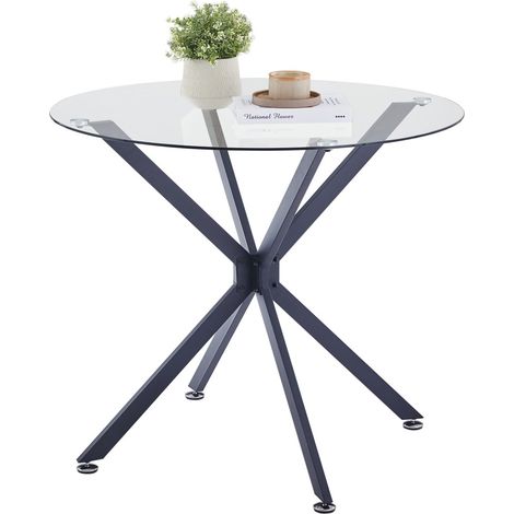 Table ronde salle à manger verre trempé 80x80x78cm pieds métal noir petite table compacte 4 personnes cuisine salon (1/5)
