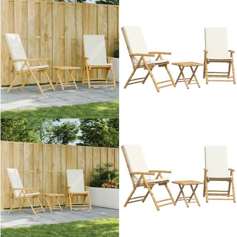Ensemble de bistro pliante 3 pcs et coussins blanc crème bambou - Meubles De Jardin - Salon De Jardin - Mobilier Extérieur - Set De Bistro - Chaises Inclinables - Home & Living (1/5)