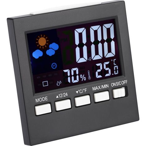 Thermomètre, hygromètre, horloge, alarme, fonction snooze, calendrier et prévisions météo numériques et couleur (1/5)