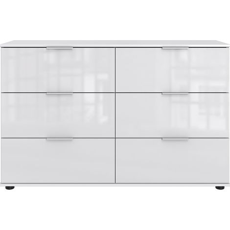 Commode, meuble de rangement à 6 tiroirs coloris blanc, verre blanc - Longueur 130 x Hauteur 83 x Profondeur 41 cm (1/2)