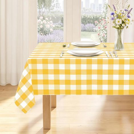 Nappe à carreaux lavable 140x240 cm jaune-blanc rectangulaire pour intérieur et extérieur