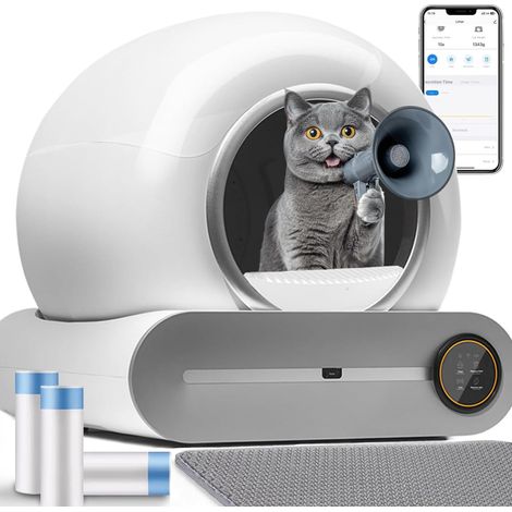 Litière pour chats autonettoyante, 74 L, grande litière XXL avec détecteur infrarouge et capteurs de poids, contrôle des applications, design d'économie d'espace fermé pour chats (A) (1/5)