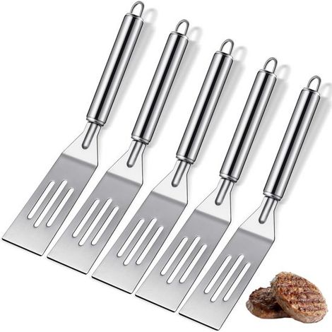 Ensemble de 5 spatules : petite spatule en acier inoxydable, lame pleine, manche incurvé, manche perforé, compatible lave-vaisselle, pour brownies, biscuits, œufs et plus encore. (1/5)
