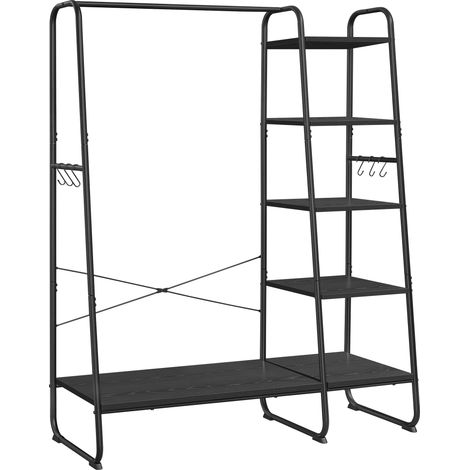 Porte-manteau sur Pieds, Meuble Chaussure Entrée, Vestiaire, avec 5 Étagèress de Rangement, 6 Crochets, pour Chambre, Salon, Couloir, Style Industriel, Noir Boisé et Noir Mat (1/5)