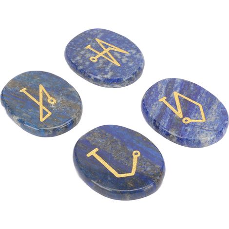 Pierre semi-précieuse naturelle, pierre de guérison spirituelle, sculpture en pierre semi-précieuse représentant quatre runes d'anges, lapis-lazuli poli avec symboles magiques gravés en or. (1/5)