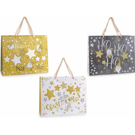 Sacchetti natalizi in carta con stampe gnomi, stelle e scritte, con manici e glitters, set da 18 pezzi, cm 38 x 12,5 x 30,5 H