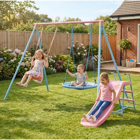 Portique 330x136x180 cm acier bleu/rose, 2 balançoires et toboggan, pour jardin – MEUBLIV (1/5)