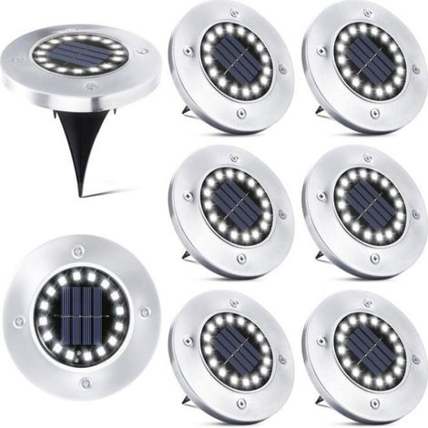 Lot 8 spots solaires encastrables 16 LED IP65 blanc froid, chemin terrasse jardin (1/5)