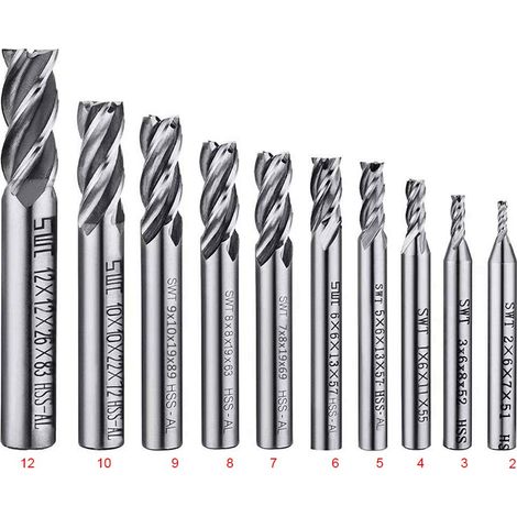 10-teiliges Bohrer-Set mit 4 Nuten – 2–12 mm Schaftfräser – HSS-CNC-Bohrer-Set mit geradem Schaft für Bohrer – Werkzeugset für Holz, Aluminium, Stahl und Titan (1/2)