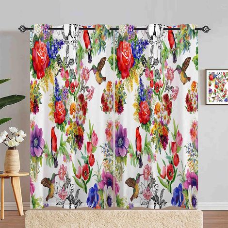 Rideau Occultant Aquarelle Feuille Fleur Oiseaux Tenture Opaque à Oeillets Draperies Intérieurs Rideau Thermique Isolant pour Maison Chambre Salon Fenetre 2 Pièces L 140 x H 280 cm - 140L X 280H cm (2 (1/5)