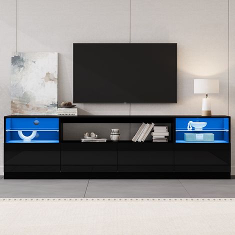 Meuble TV bas laqué noire brillant 180x35x60cm avec LED 4 portes 8 rangements support TV jusqu'à 75 pouces salon salle à manger ouvert (1/5)