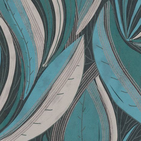 Papel pintado gráfico Profhome 786552 papel pintado vinílico estampado en caliente tejido non tejido texturado con ornamentos florales y acentos metálicos azul plata gris claro negro 5,33 m2