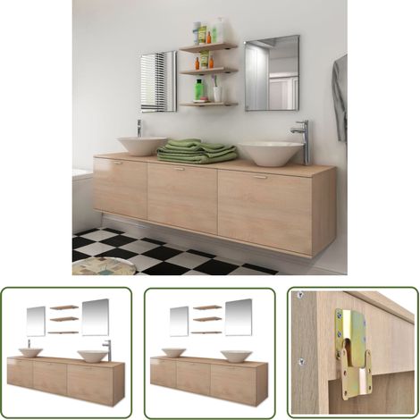 The Living Store Dix pièces pour salle de bains avec lavabo et robinet beige - Ensemble Salle De Bain - Meuble Salle De Bain - Lavabo Céramique - Robinet Mitigeur - Rangement Salle De Bain (1/5)