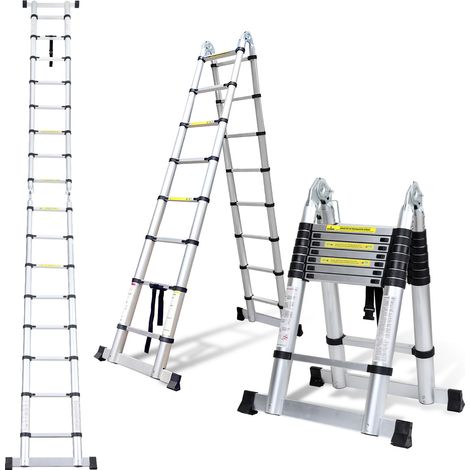 SWANEW Scala Telescopica Portatile Multifunzione in Alluminio Pieghevole da 2,5m+2,5m con Borsa da Trasporto e Guanti, Carico Massimo 150kg (1/5)
