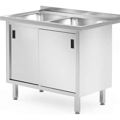 HENDI Tisch mit 2 Spülbecken, Schrank – verschweißt, mit Schiebetüren, Profi Line, 1000x600x(H)850mm