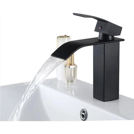 Robinet cascade monobloc avec bec haut mitigeur haut bassin robinet de lavabo monotrou avec mitigeur eau chaude et froide de salle de bain en cuivre (noir) -18,5  17,2  5 cm (1/4)