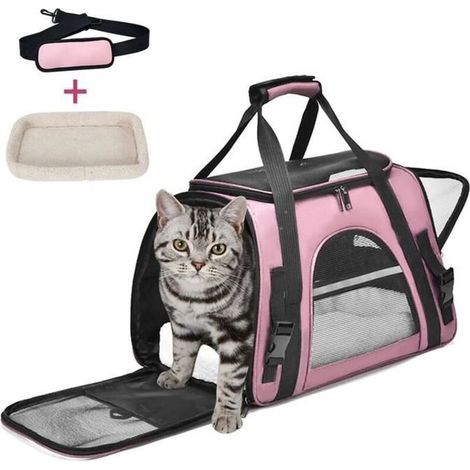 Sac Transport Chat Chien,Respirant et Pliable Caisse De Transport Chat avec Tapis Amovible Doux et Bandoulière-rose, pour Voyage (1/4)