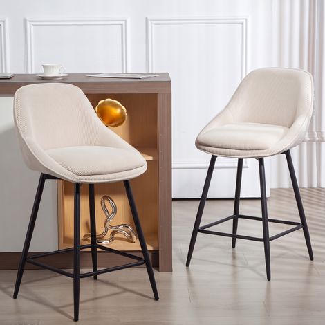 Lot de 2 tabourets de bar en tissu velours côtelé, chaises de bar avec dossier courbé, repose-pieds, 49x52x88cm, crème (1/5)