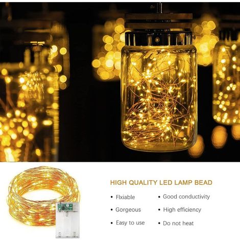 Jsdoin 100 LED Batteriebetriebene Lichterkette aus Kupferdraht für Innen- und Außenbeleuchtung, Schlafzimmer, Hochzeitsdekoration, Party, Weihnachten, Baumdekoration (Warmweiß, 1 Stück 10m 100LEDs) (1/5)