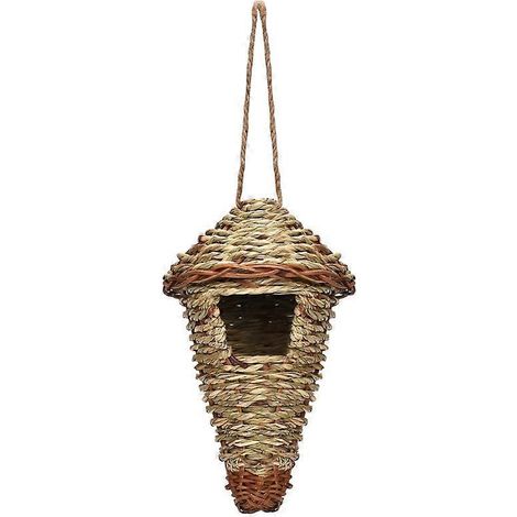 Nid suspendu en fibre naturelle tressée à la main pour perroquet, maison paille oiseau en forme de hutte à fond pointu.