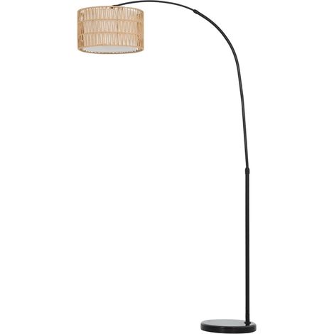 Lampadaire d'intérieur avec abat-jour en lin, hauteur réglable 144-175 cm, socle en marbre noir, douille E27 à interrupteur au pied, sans ampoule (1/5)