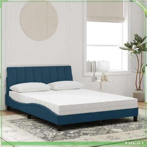 Lit avec matelas - Hanko - Velours bleu - 140x190 cm - Matelas mousse 17 cm (H2/H3) (1/5)