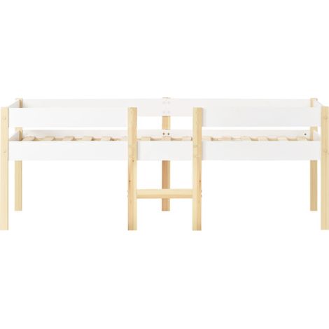 Lit enfant 90×200 cm, pin massif, barrière, blanc/chêne