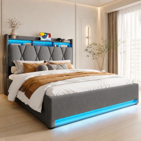 Letto contenitore 160x200 cm in velluto grigio con LED per camera adulta FloraGrace (1/5)