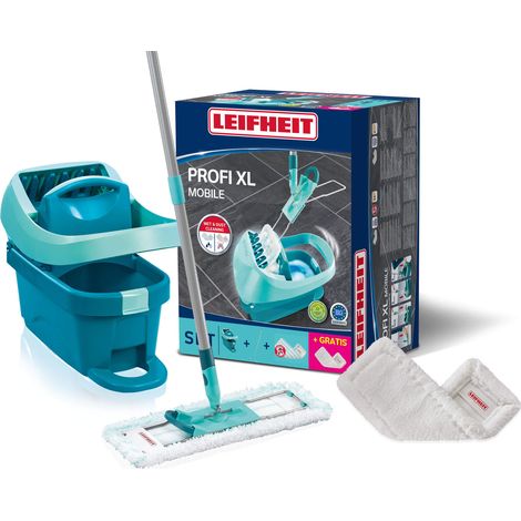 Leifheit set lave sol Profi XL Mobile 55396, balai serpillière avec seau essoreur mobile,housse micro duo et superduster