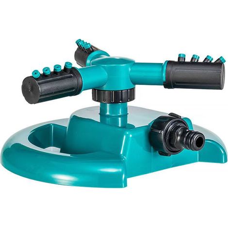 360° drehbarer Schlauchsprinkler, automatischer Rasensprinkler mit 3 Armen, große Reichweite, Wassersprinkler für Rasen, Blaugrün