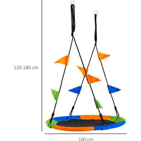 Altalena da giardino Outsunny Ø100x120-180 cm, altezza regolabile con corde e bandierine, per bambini e adulti, portata massima 80 kg, adatta per interni ed esterni, multicolore.