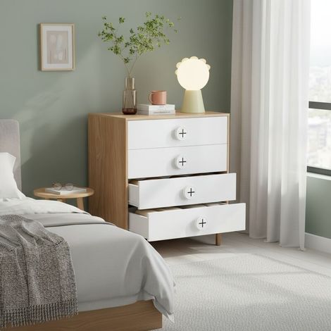 Commode de chambre 4 tiroirs – Meuble de rangement pour enfants, table de chevet, poignées biscuit, dimensions 80 x 54 x 90 cm, couleur bois et blanc – Douceur enfantine (1/5)