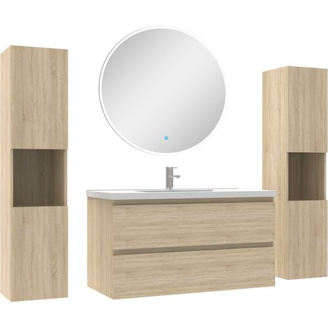 Ensemble meubles Salle de Bain avec colonne et miroir rond mural 100cm meuble Chêne Wotan