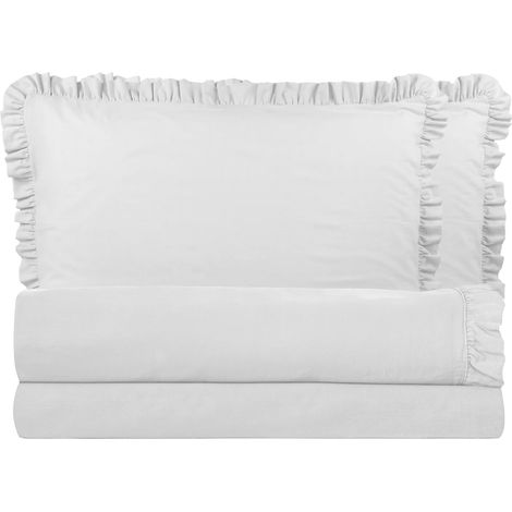 Ensemble lit double avec volant deux draps et deux taies d'oreiller avec volant  Couleur: Blanc