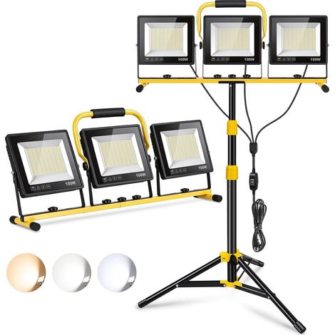Projecteur LED Chantier 30000LM avec Trépied, Projecteur de Chantier 300W (3x100W) 3 Températures de Couleur, Lampe de Chantier IP66 avec Câble 5m, Hauteur Réglable 160cm pour Travaux, Garage et Extér (1/5)