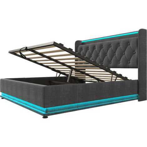 Cama doble capitoné 160 x 200 cm gris de lino con LED 360°, USB-C y arcón hidráulico (1/5)