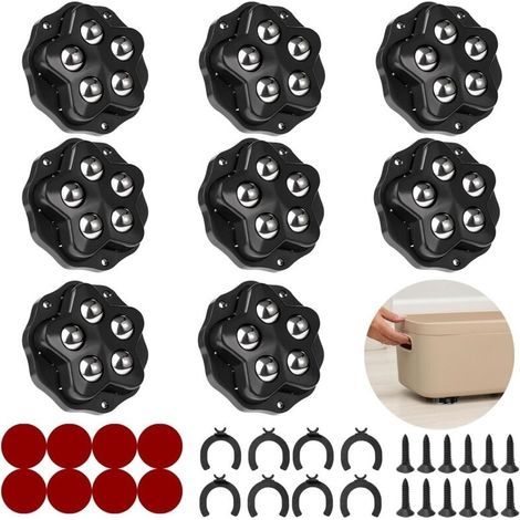 Mini roulettes pour meubles.8 roulettes à 5 billes chacune, capacité 300KG, avec adhésif et vis. Roue mobile universelle 360, roulette de meuble pour charges lourdes (Noir : 8 Pièces) (1/5)