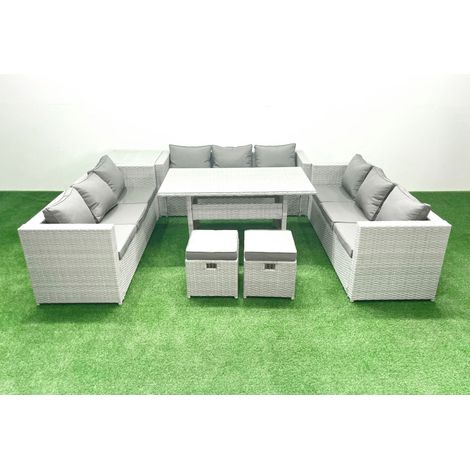 Fimous Rattan Garden Outdoor Furniture Set 11 Seater Garden Sofa Rectangulr Dining Table Set with 2 Small Footstool Side Table Light Grey Mixed